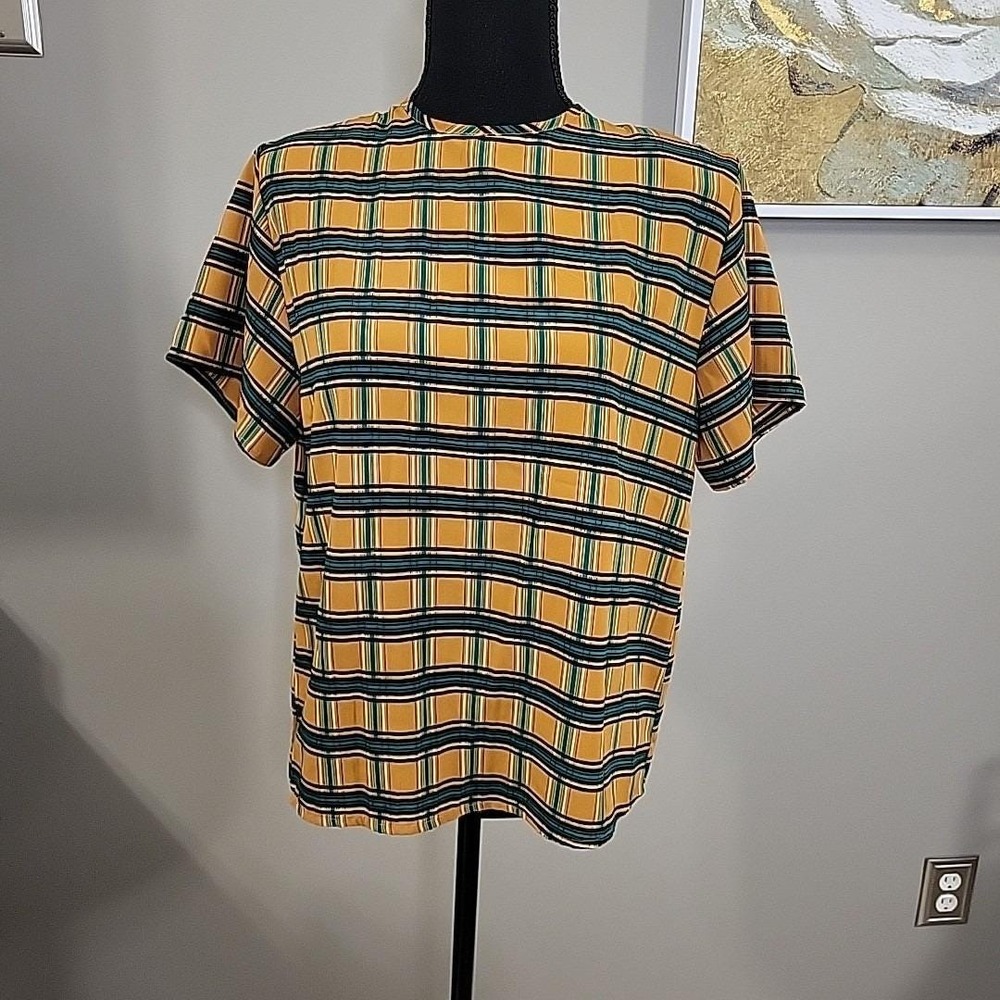 VINTAGE Hana Sung Womens Blouse Keyhole Black Gold Green Plaid Shoulder Pads M